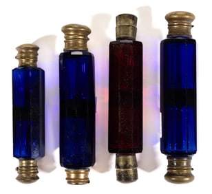 EUROPEAN COLORED GLASS DOUBLE-END PUNGENT / SCENT BOTTLES, LOT OF FOUR