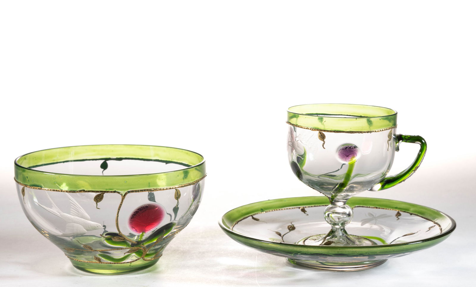 MOSER "KARLSBADER SECESSION" ART NOUVEAU ENAMELED AND ENGRAVED GLASS TABLE ARTICLES, LOT OF THREE (1 of 2)