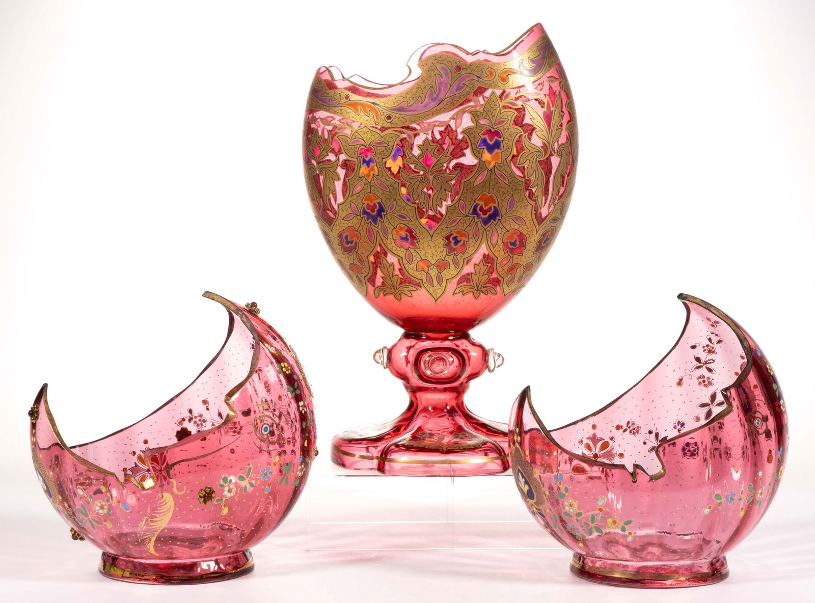 MOSER ATTRIBUTED ENAMEL-DECORATED ART GLASS ARTICLES, LOT OF THREE (1 of 4)