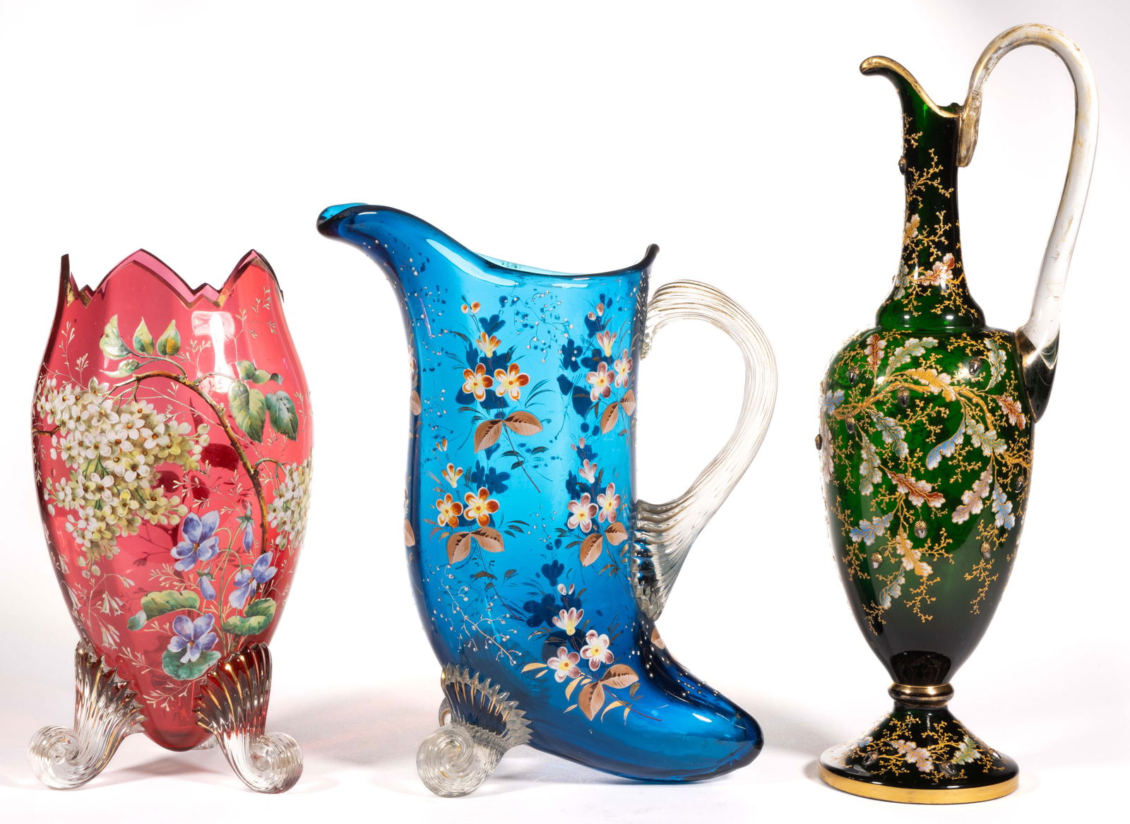 MOSER ATTRIBUTED ENAMEL-DECORATED ART GLASS ARTICLES, LOT OF THREE (1 of 4)