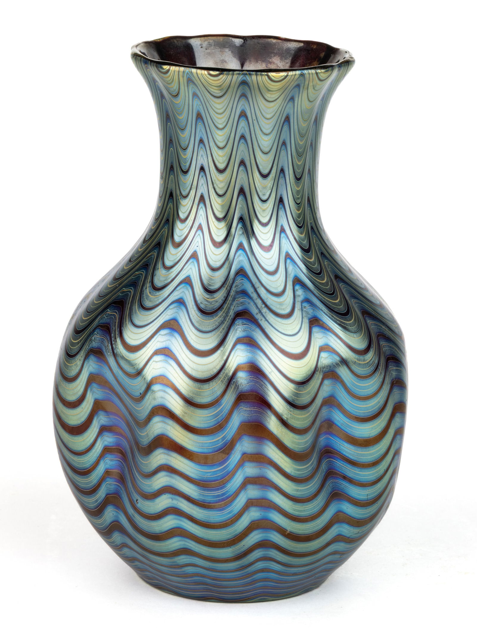 LOETZ ATTRIBUTED PHANOMEN 6893 ART GLASS VASE: LOETZ ATTRIBUTED PHANOMEN 6893 ART GLASS VASE, deep ruby with blue and platinum iridescent decoration, dimpled bottle form with a wave pattern, polished pontil mark. Johann Loetz Witwe (Bohe