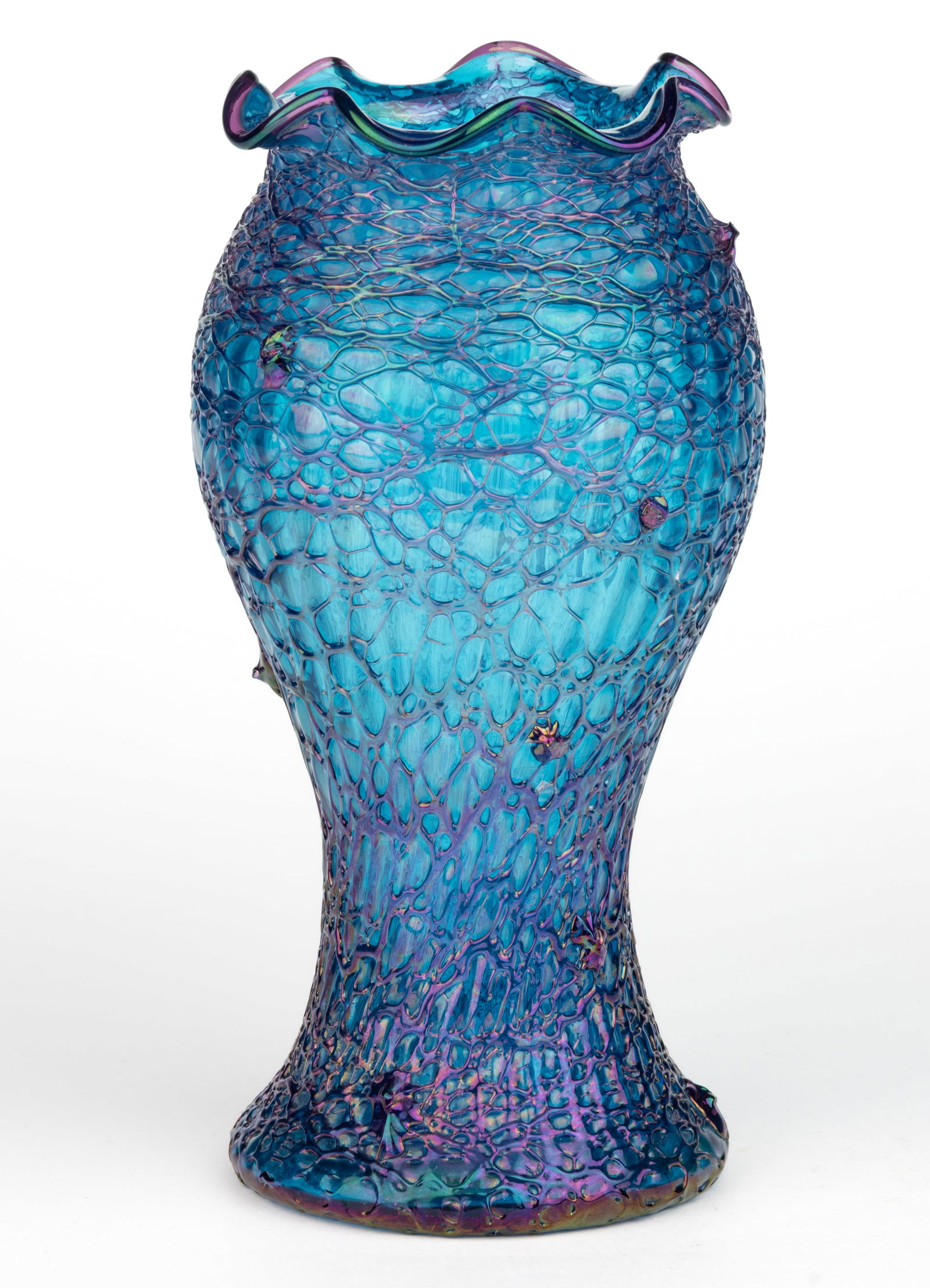 LOETZ NEW WAVE CHINE IRIDESCENT ART GLASS VASE: LOETZ NEW WAVE CHINE IRIDESCENT ART GLASS VASE, blue iridescent, inverted baluster form with a tooled rim, applied overall spider webbing with isolated buttons, polished pontil mark, acid-stamped sign