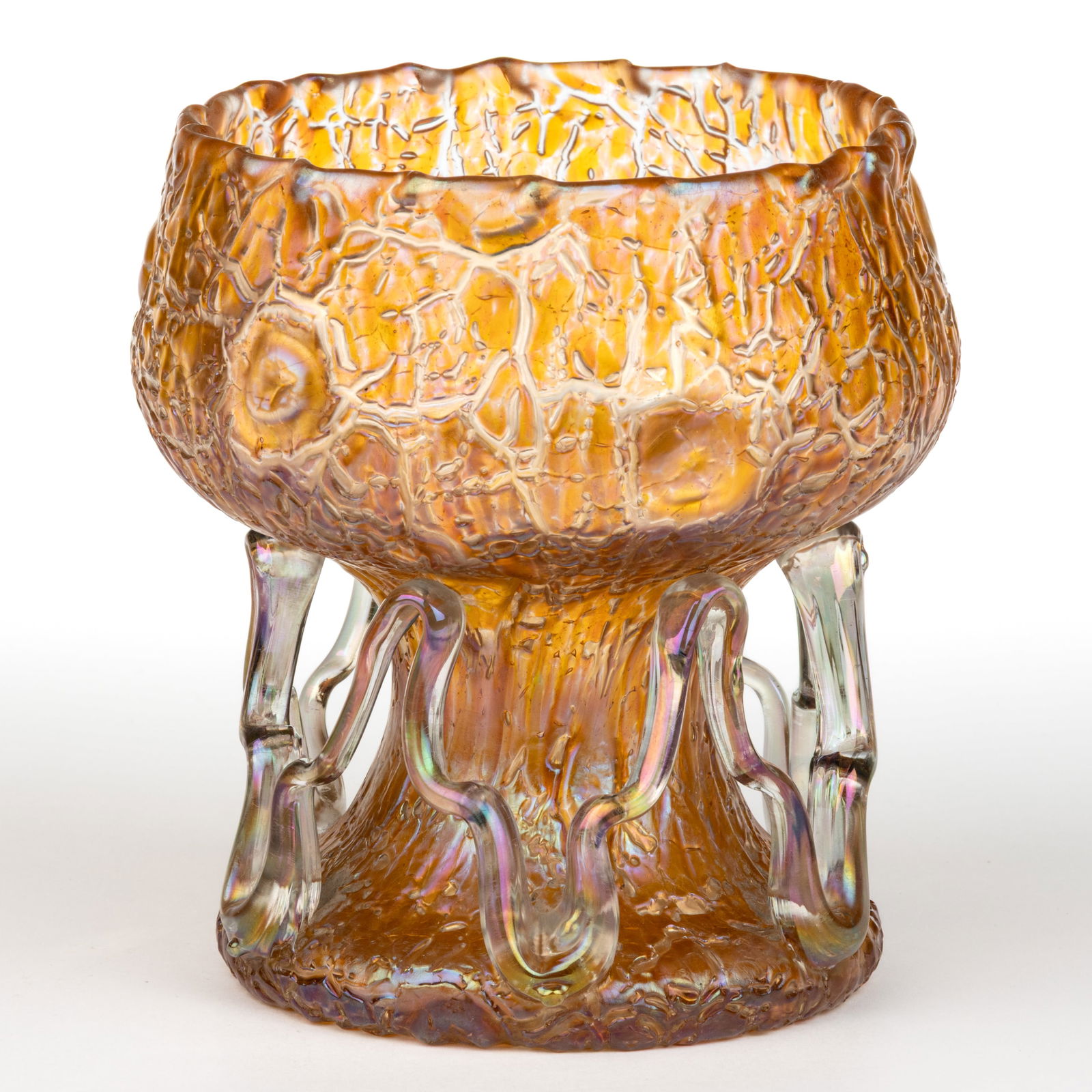 LOETZ ATTRIBUTED ASTGLAS IRIDESCENT ART GLASS VASE: LOETZ ATTRIBUTED ASTGLAS IRIDESCENT ART GLASS VASE, amber iridescent, chalice form with applied colorless iridescent decoration from the top of the foot to the base of the bowl, polished pontil mark.