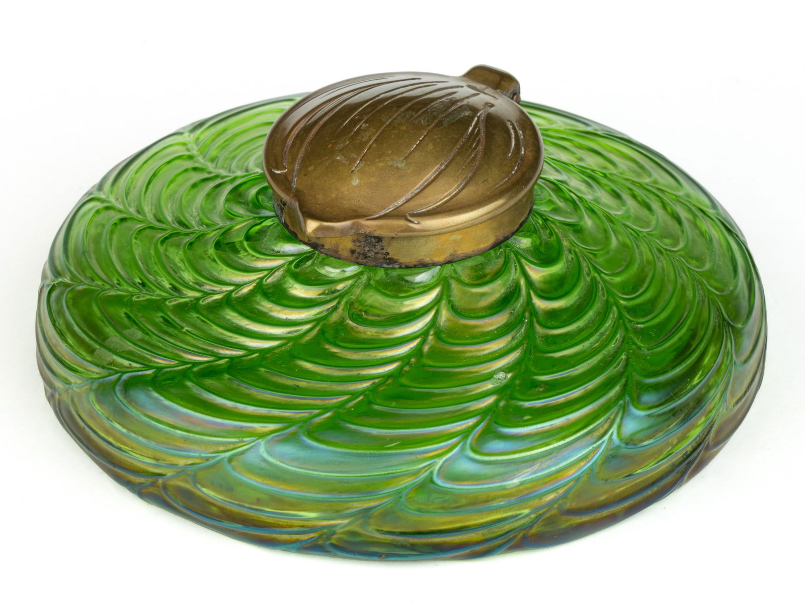 BOHEMIAN IRIDESCENT / LOETZ-STYLE ART GLASS INKWELL: BOHEMIAN IRIDESCENT / LOETZ-STYLE ART GLASS INKWELL, uranium green (reacts under black light) with iridized surface, low circular form with molded swirled feather or Drape design, colorless