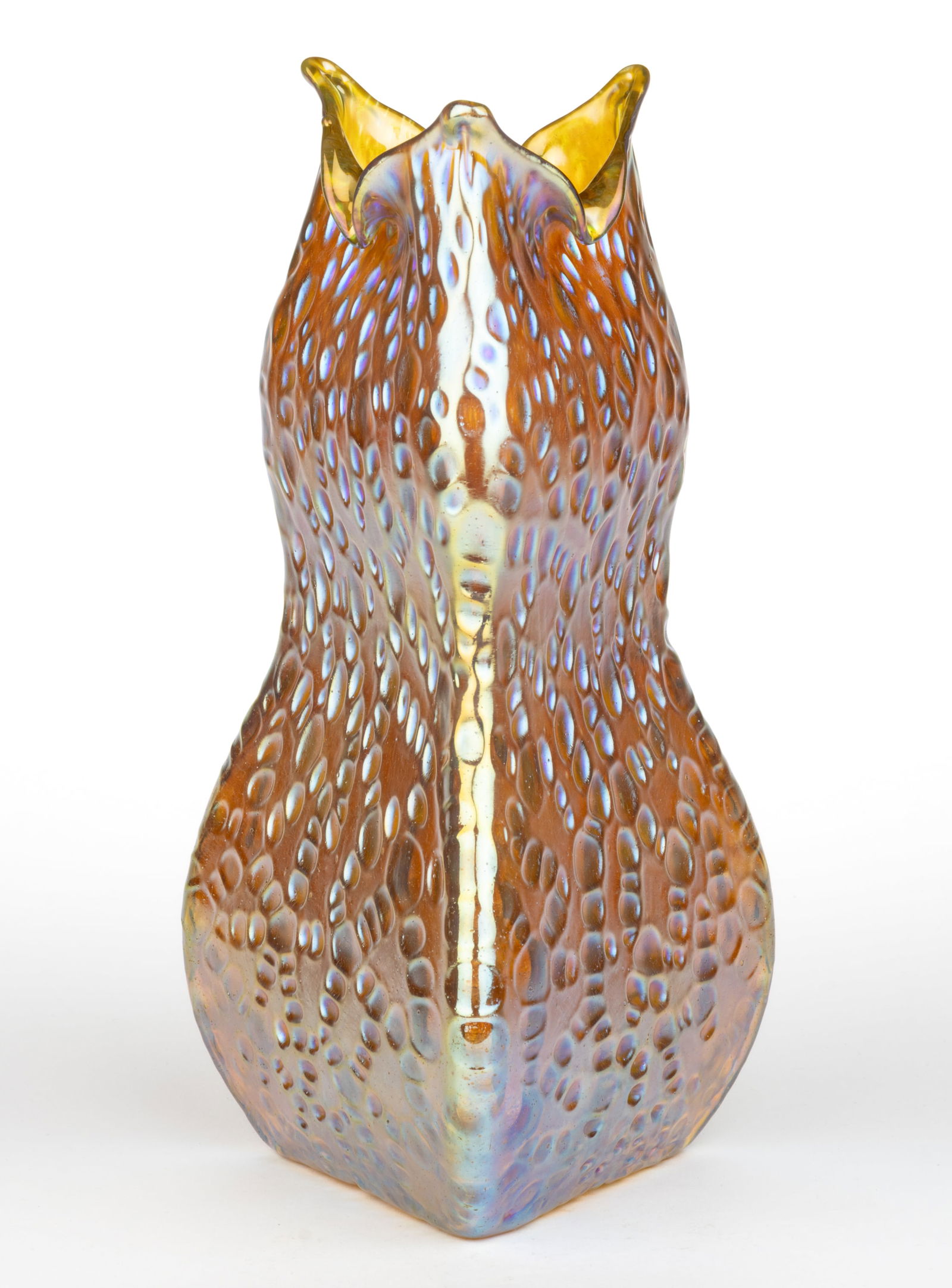 LOETZ ATTRIBUTED DIASPORA IRIDESCENT ART GLASS VASE: LOETZ ATTRIBUTED DIASPORA IRIDESCENT ART GLASS VASE, golden iridescent, triangular form with a sheared and folded rim, polished pontil mark. Bohemia. First quarter 20th century. 10 1/2" H. 