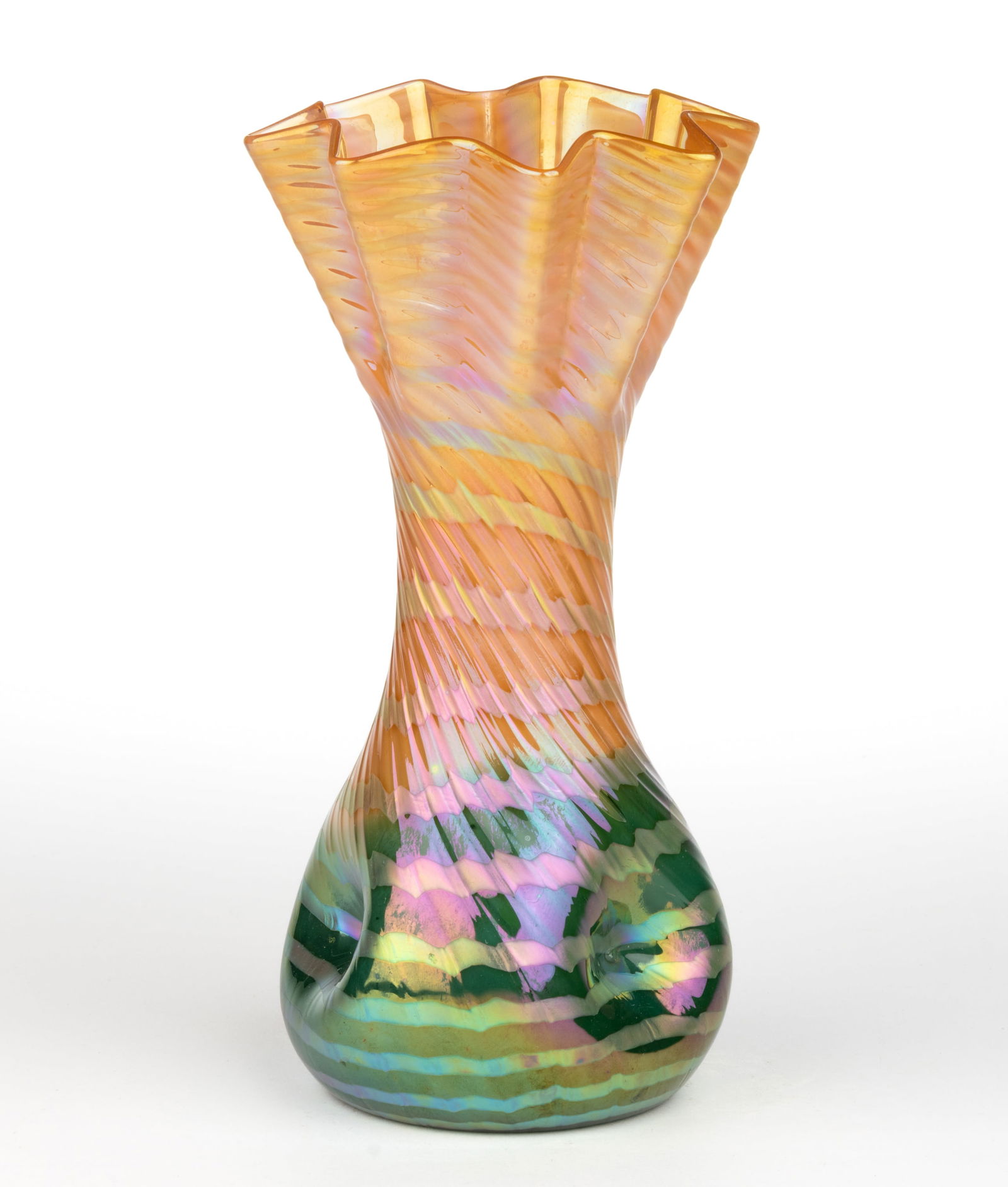 RINDSKOPF ATTRIBUTED SWIRLED AND WAVE DECORATED ART GLASS VASE: RINDSKOPF ATTRIBUTED SWIRLED AND WAVE DECORATED ART GLASS VASE, pink shaded to emerald green with iridescent decoration, flora form with a bud base with dimpled sides and a blooming tooled r