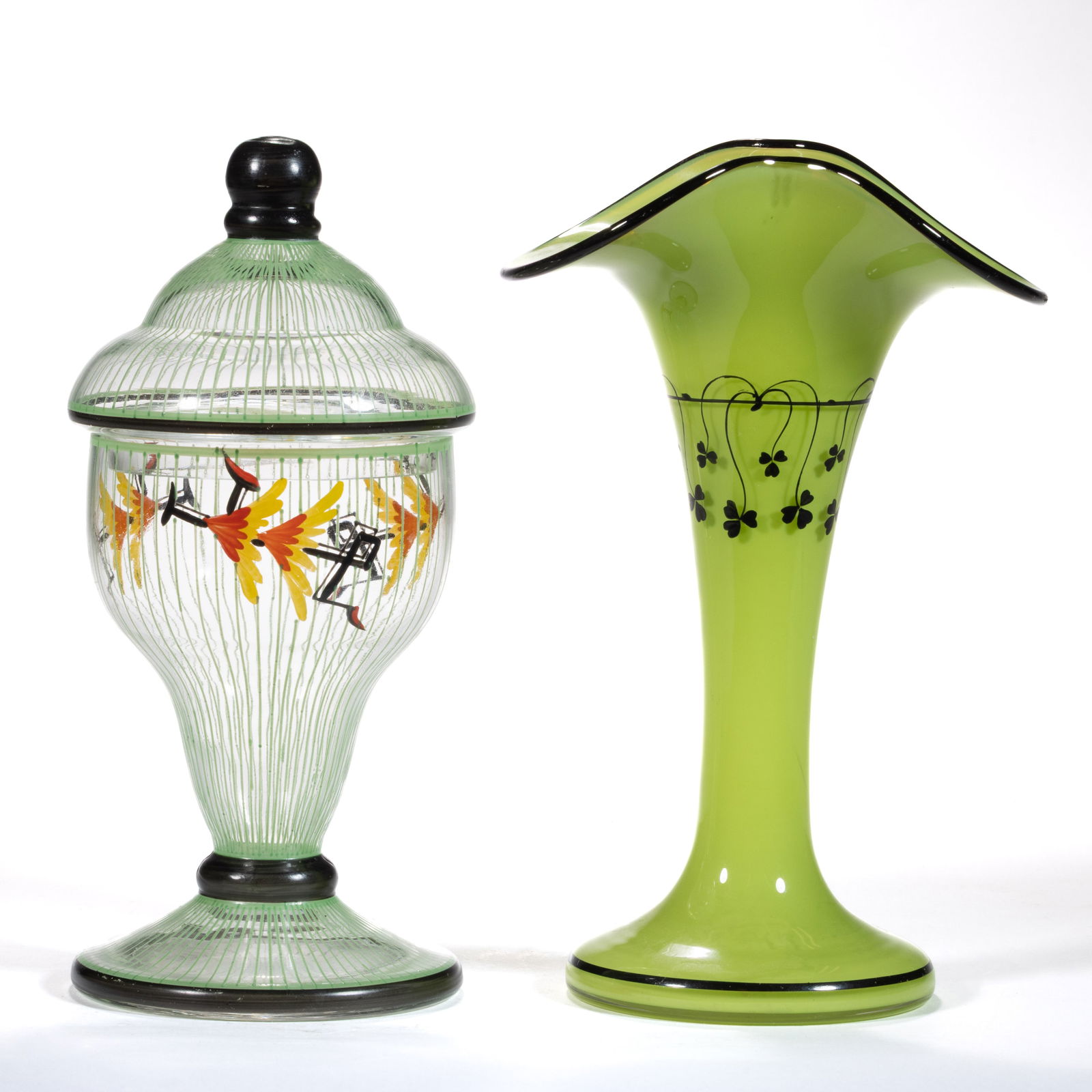 CZECH / BOHEMIAN ART DECO ENAMEL-DECORATED GLASS VASES, LOT OF TWO (1 of 1)