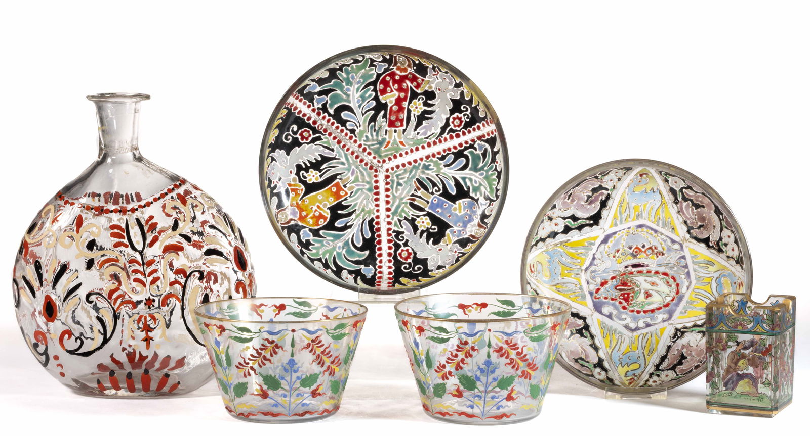 ASSORTED EUROPEAN ENAMEL-DECORATED GLASS ARTICLES, LOT OF SIX (1 of 1)