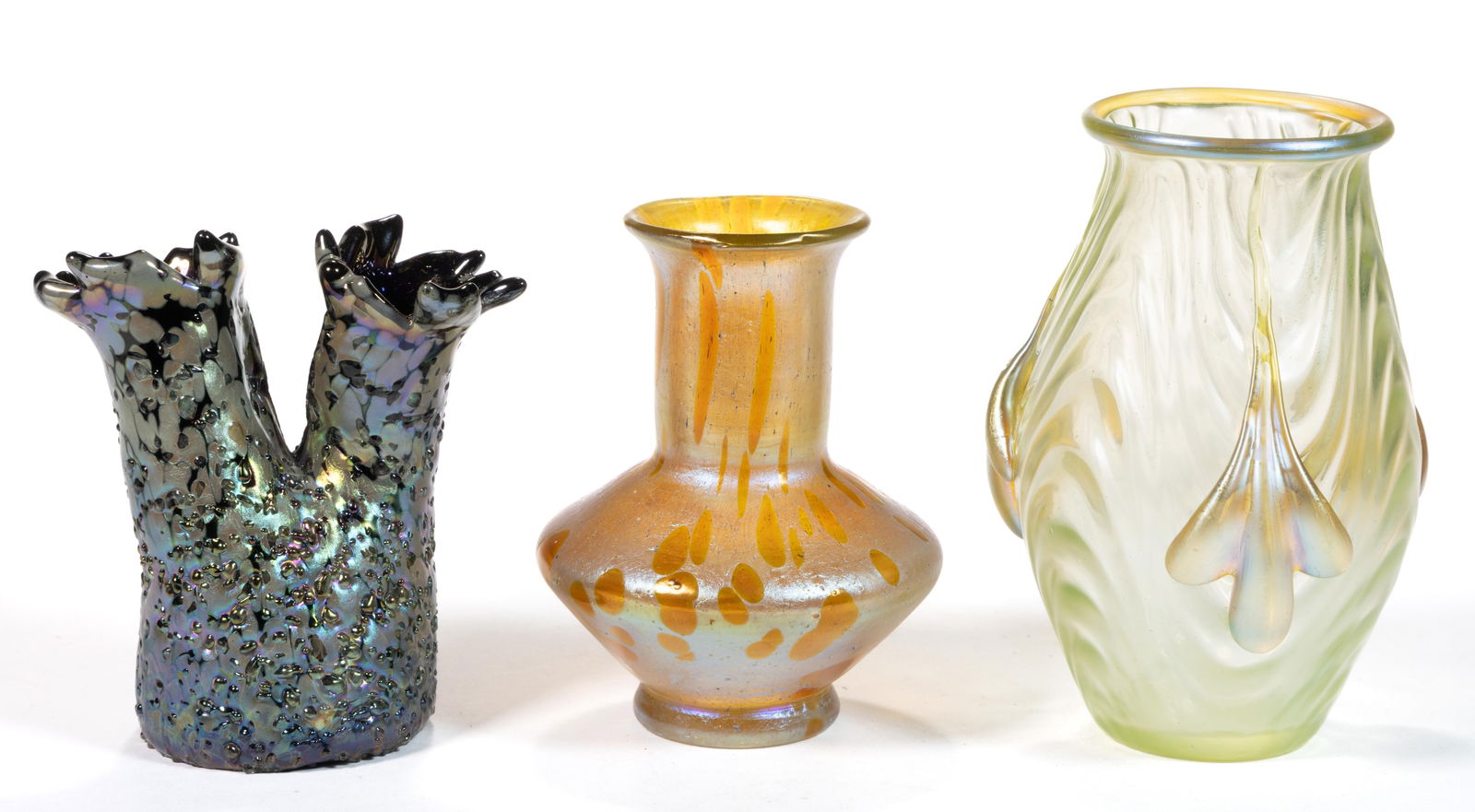 ASSORTED BOHEMIAN IRIDESCENT ART GLASS MINIATURE VASES, LOT OF THREE (1 of 4)