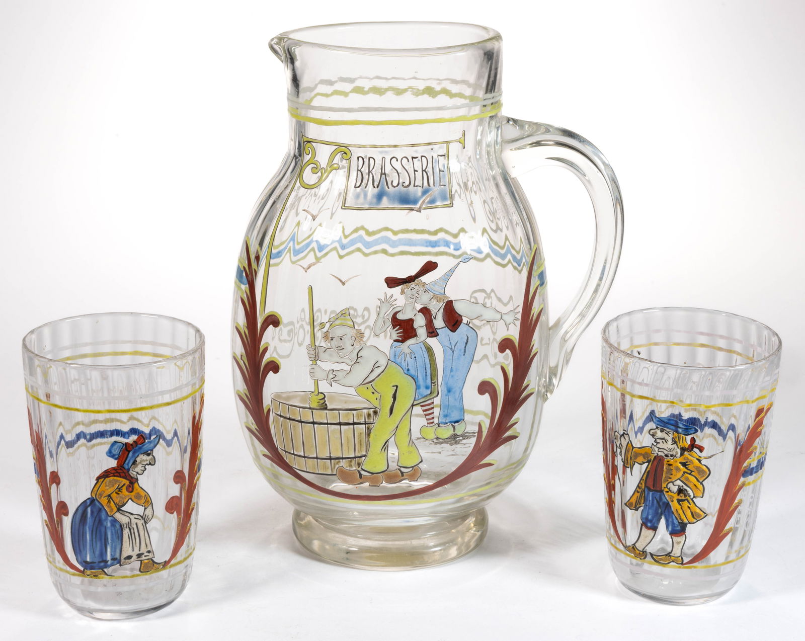 EMILE GALLE (FRENCH, 1846 - 1904) "BRASSERIE" ENAMEL-DECORATED ART GLASS PITCHER AND BEER GLASSES, (1 of 3)
