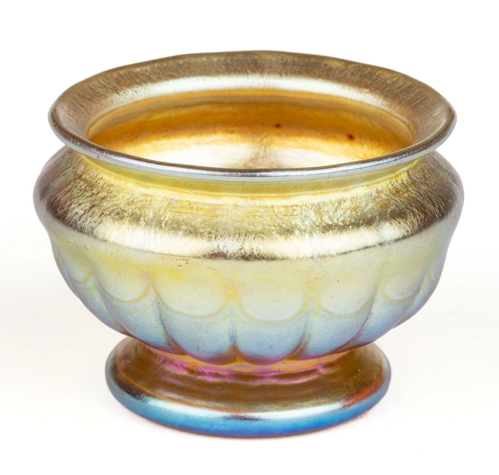 TIFFANY STUDIOS FAVRILE RIBBED IRIDESCENT ART GLASS FOOTED OPEN SALT (1 of 5)