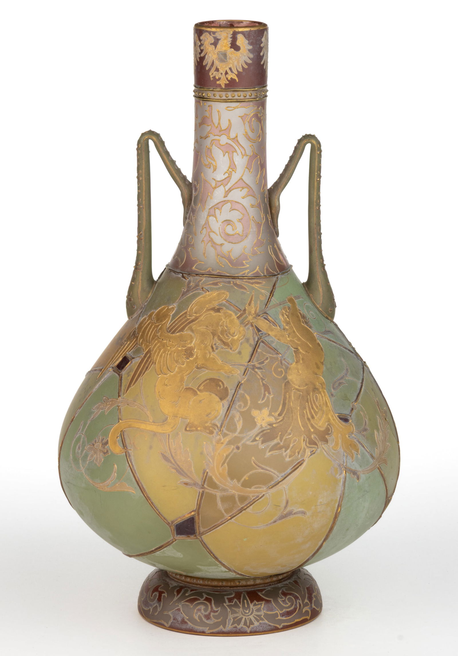 MT. WASHINGTON ROYAL FLEMISH NO. 504 ENAMEL-DECORATED ART GLASS DOUBLE-HANDLED VASE (1 of 3)