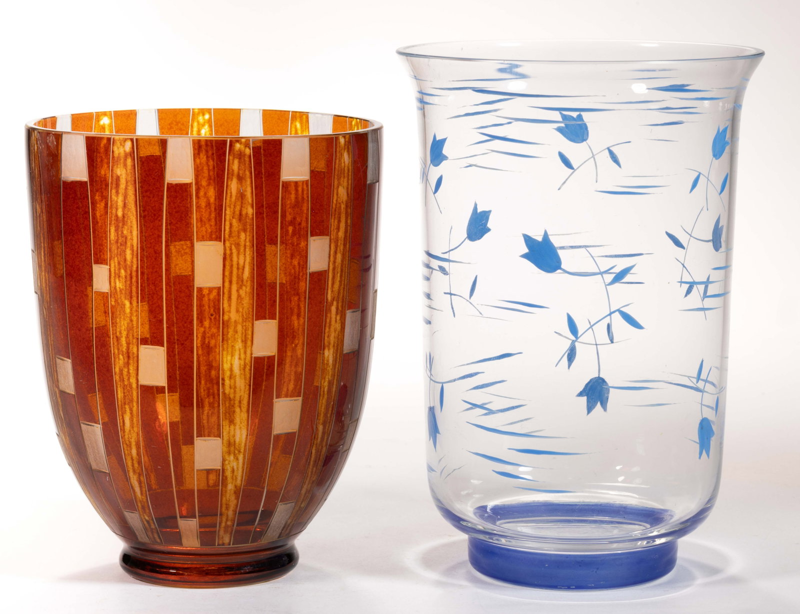 CZECH / BOHEMIAN ART DECO GLASS VASES, LOT OF TWO: CZECH / BOHEMIAN ART DECO GLASS VASES, LOT OF TWO, comprising one colorless example decorated with windswept flowers in opaque blue enamel, which is inscribed to underside "Made in / Czecho-