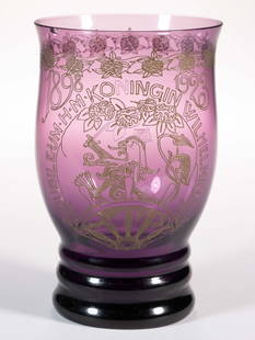A.D. COPIER (DUTCH, 1901-1999) FOR ROYAL LEERDAM, QUEEN WILHELMINA SILVER JUBILEE ART DECO DRINKING: A.D. COPIER (DUTCH, 1901-1999) FOR ROYAL LEERDAM, QUEEN WILHELMINA SILVER JUBILEE ART DECO DRINKING GLASS, amethyst, deep round bowl curving inwards below the rim and raised on a triple-ringed in
