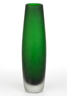 FRANTISEK VIZNER (CZECH, 1936-2011) STUDIO ART GLASS VASE: FRANTISEK VIZNER (CZECH, 1936-2011) STUDIO ART GLASS VASE, frosted colorless to emerald green, tall oval form with a frosted surface, factory polished rim, polished pontil mark. Skrdlovice,