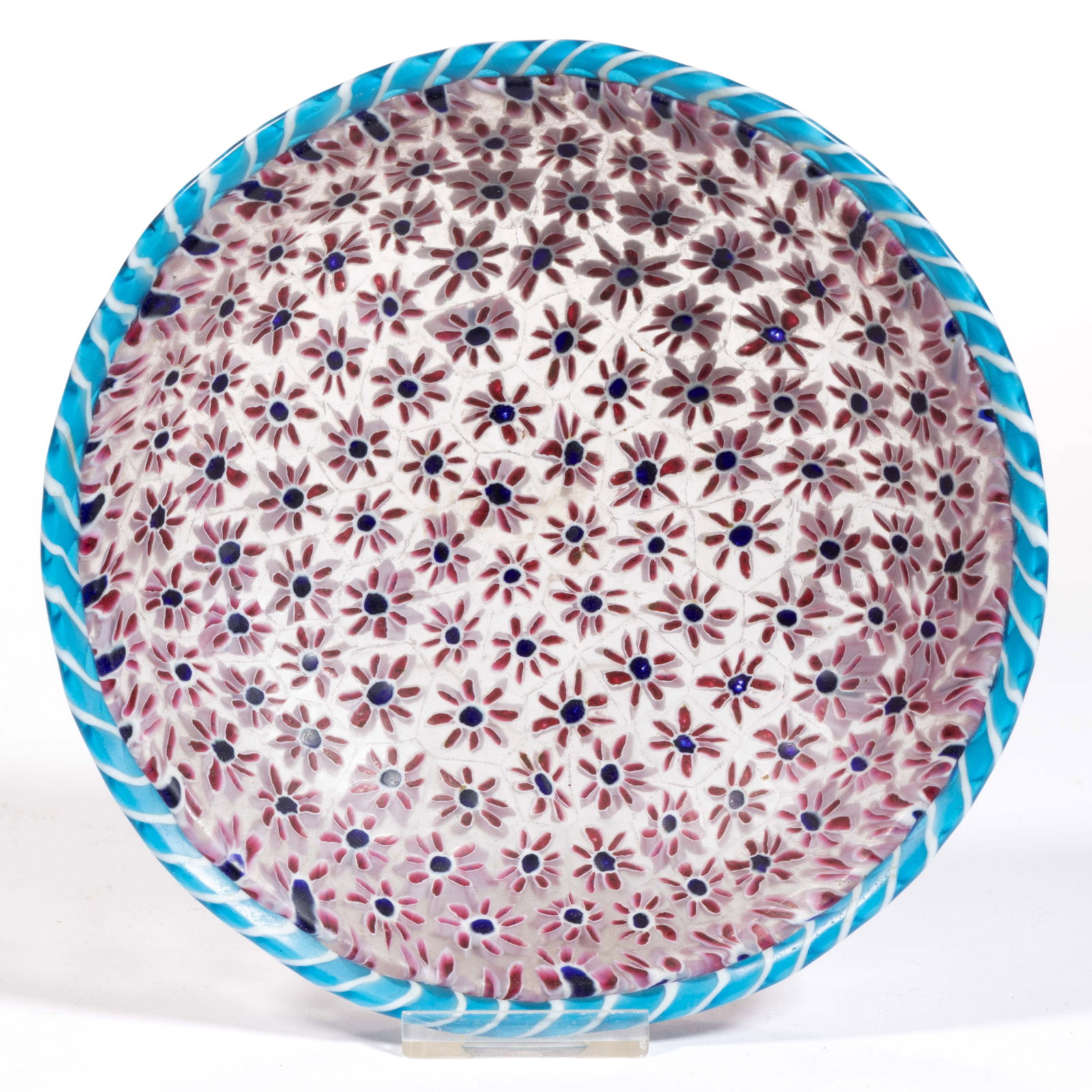 FERRO TOSO ATTRIBUTED FLORAL MURRINE / MILLEFIORI ART GLASS BOWL: FERRO TOSO ATTRIBUTED FLORAL MURRINE / MILLEFIORI ART GLASS BOWL, bowl comprised of white and cranberry floral canes with colorless negative space, applied white and azure blue torsade to the rim, no 