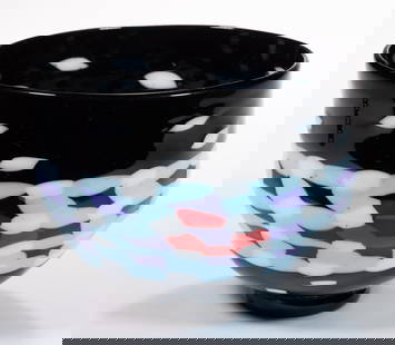 TSUCHIDA YASUHIKO (JAPANESE, B. 1969) MURRINE STUDIO ART GLASS BOWL: TSUCHIDA YASUHIKO (JAPANESE, B. 1969) MURRINE STUDIO ART GLASS BOWL, opaque black top and bottom with scattered white patches, central band of patchwork white, azure blue, and cobalt blue canes with a