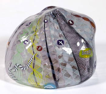RICHARD MARQUIS (AMERICAN, B. 1945) "NOBLE EFFORT" ZANFIRICO AND SILHOUETTE STUDIO ART GLASS: RICHARD MARQUIS (AMERICAN, B. 1945) "NOBLE EFFORT" ZANFIRICO AND SILHOUETTE STUDIO ART GLASS PAPERWEIGHT, abstract form with many colored filigree twist columns, scattered silhouette millefi