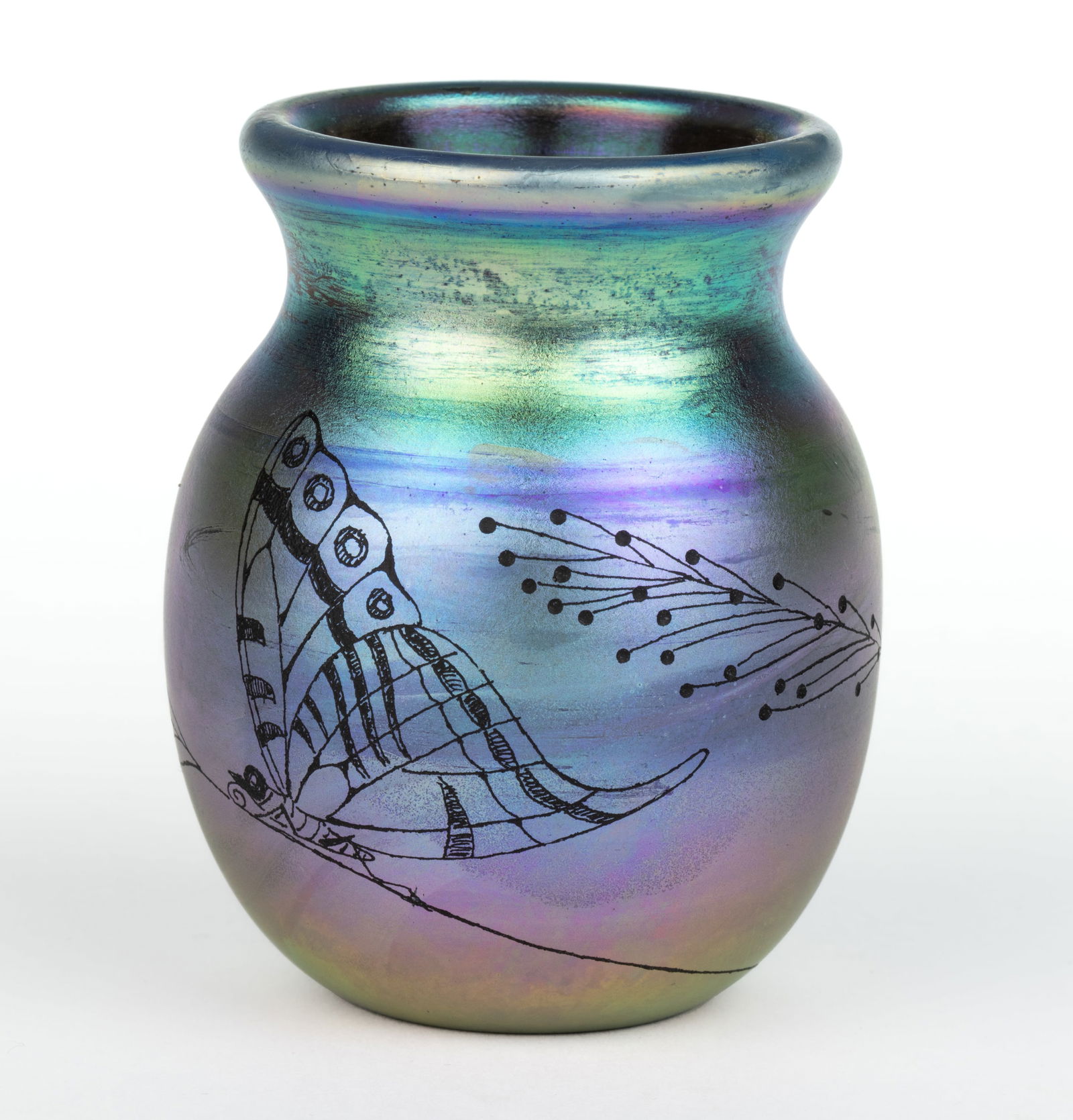 CHARLES LOTTON (AMERICAN, 1935-2021) ENGRAVED IRIDESCENT ART GLASS MINIATURE VASE: CHARLES LOTTON (AMERICAN, 1935-2021) ENGRAVED IRIDESCENT ART GLASS MINIATURE VASE, blue iridescent, urn form with engraving by Max Erlacher featuring a perched butterfly and grasshopper of wheat stems
