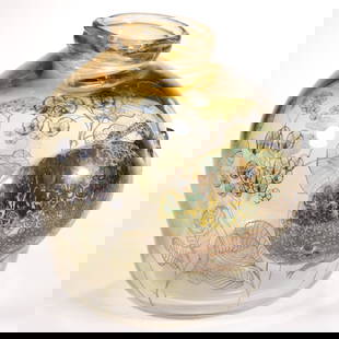 ERWIN EISCH (GERMANY, 1927-2022) TADPOLE ENAMEL DECORATED ART GLASS VASE: ERWIN EISCH (GERMANY, 1927-2022) TADPOLE ENAMEL DECORATED ART GLASS VASE, applied tadpole with iridescent enameled mottled decoration including legs and a long time, scattered floral decoration about