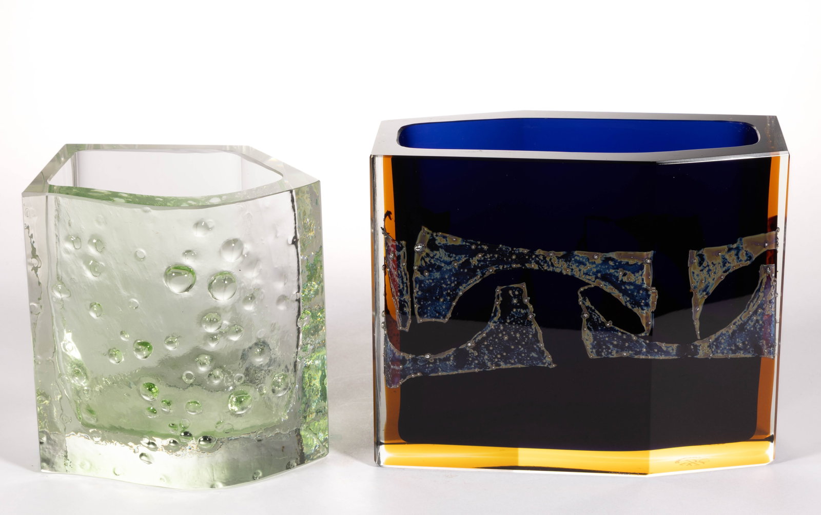 EXBOR 20TH CENTURY ART GLASS VASES, LOT OF TWO: EXBOR 20TH CENTURY ART GLASS VASES, LOT OF TWO, comprising a pale green bubbled textured surface, and a cased example with cobalt blue interior and amber exterior, with marbled silver-nitrate dec