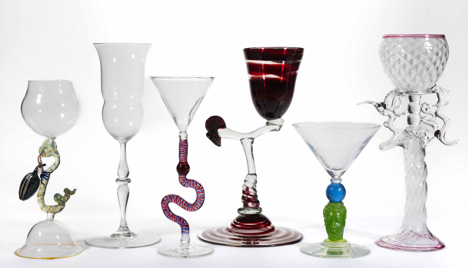 ASSORTED STUDIO ART GLASS GOBLETS, LOT OF SIX (1 of 1)