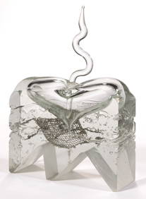 UNIDENTIFIED POLISHED CAST GLASS AND METAL MESH STUDIO ART GLASS PERFUME BOTTLE (1 of 3)