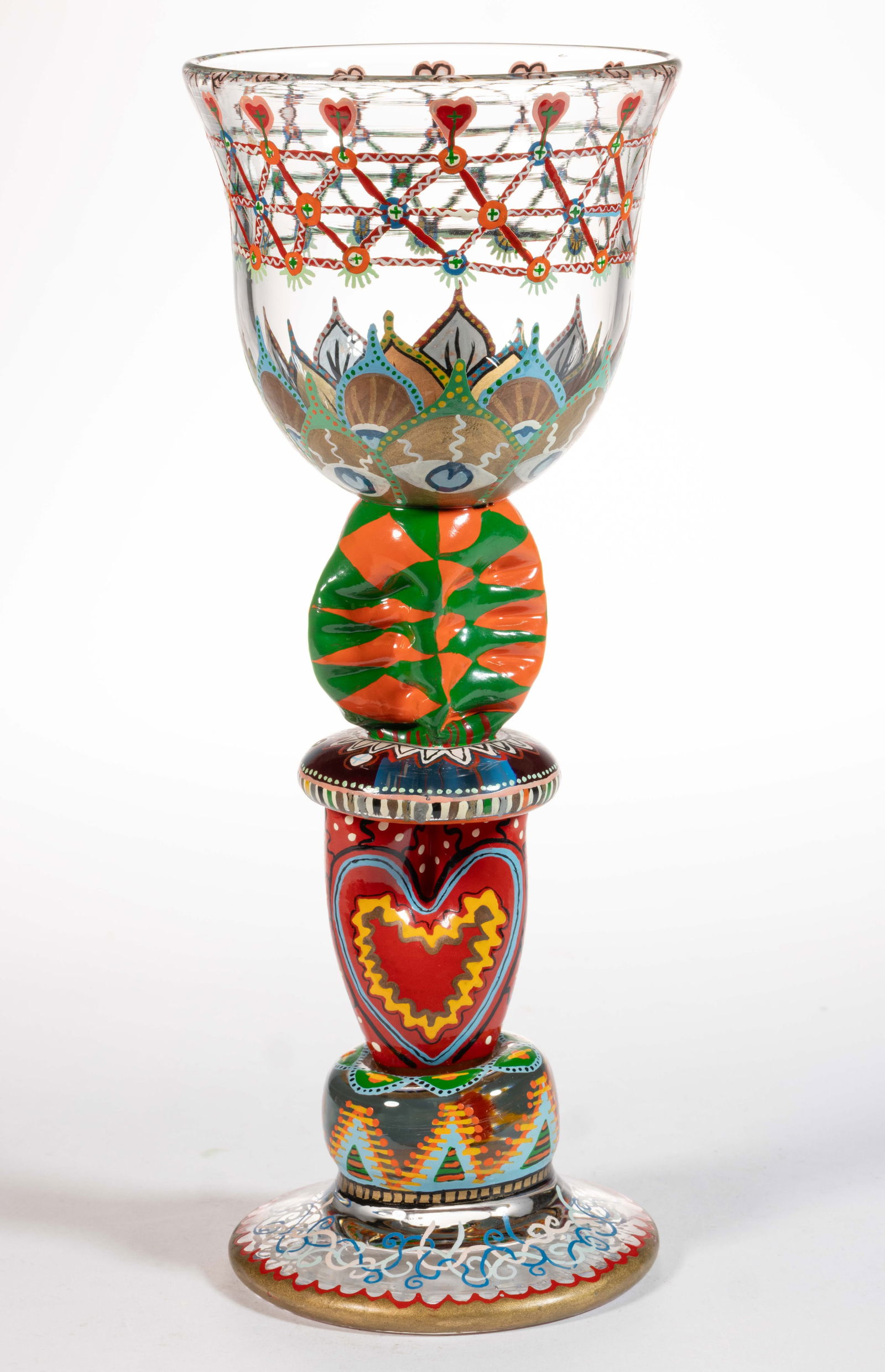 ROBERT CARLSOM (AMERICAN, B. 1952) "THE FOOL" BLOWN AND ENAMEL-DECORATED STUDIO ART GLASS GOBLET (1 of 2)