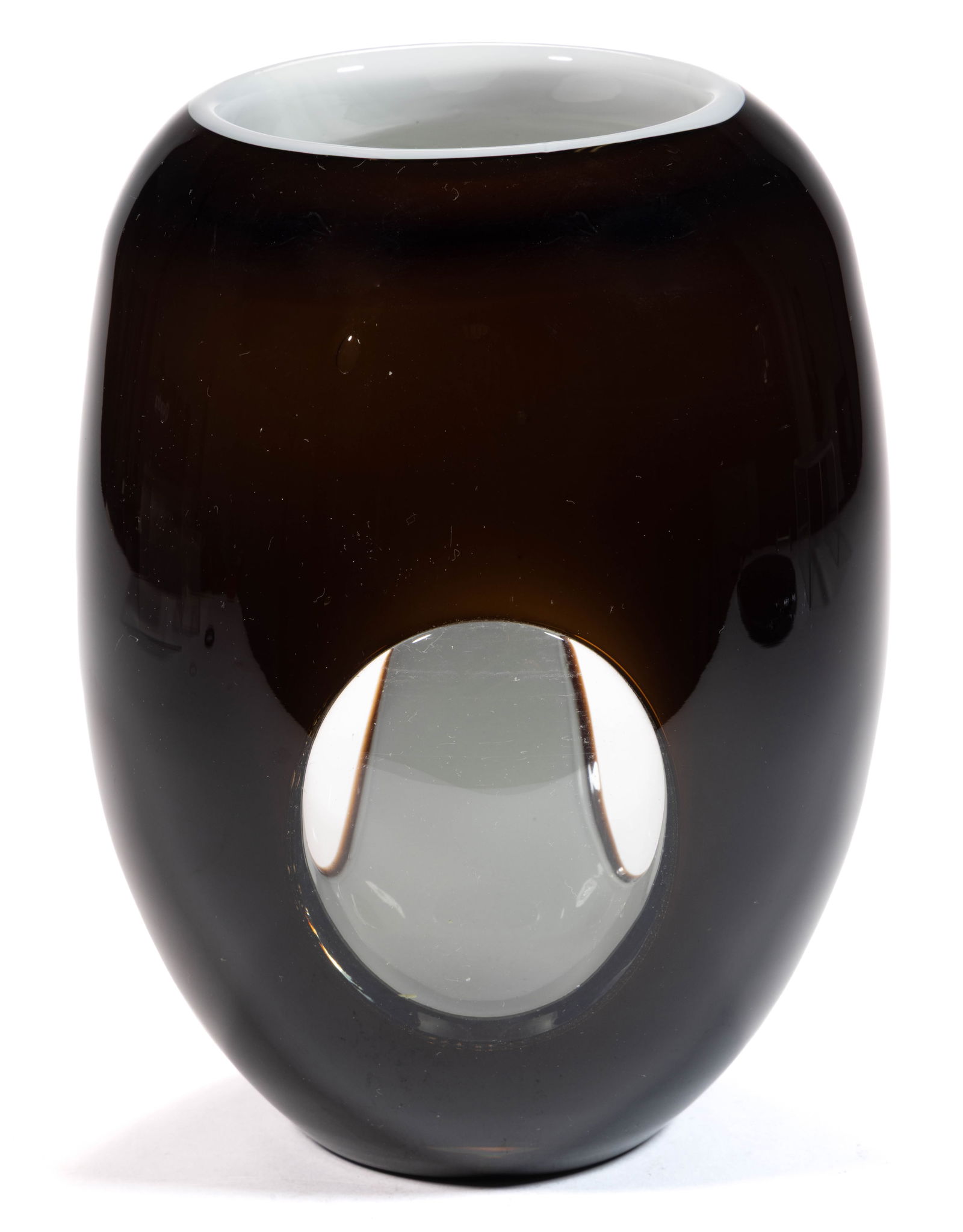 DREAMLIGHT MEITERANA CASED STUDIO ART GLASS VASE: DREAMLIGHT MEITERANA CASED STUDIO ART GLASS VASE, deep brown with four colorless windows, all cased colorless, ovoid form with an opaque white interior, no signature located, polished base and pontil