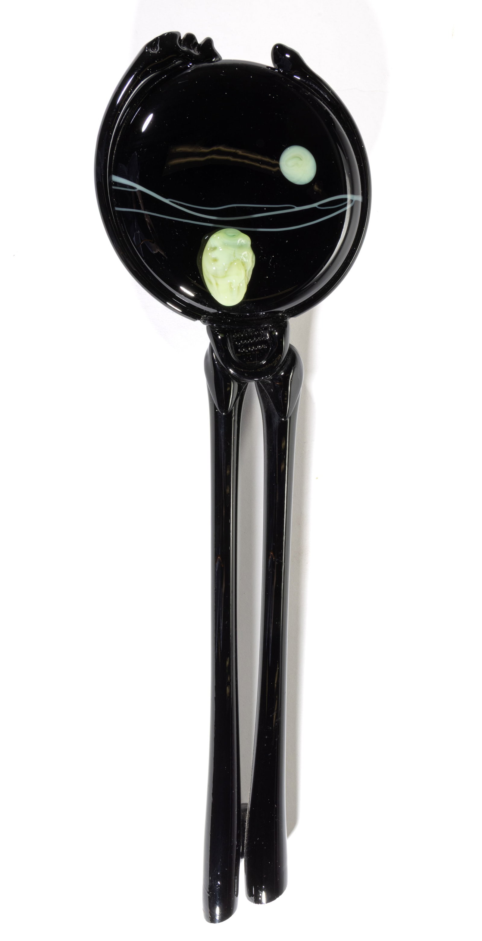 VERNON BREJCHA (AMERICAN, B. 1942) "DANGER TRAIL" STUDIO ART GLASS SCULPTURE: VERNON BREJCHA (AMERICAN, B. 1942) "DANGER TRAIL" STUDIO ART GLASS SCULPTURE, opaque black, dish with applied Vaseline (reacts under black light) prunt and circle on the surface, applied bla