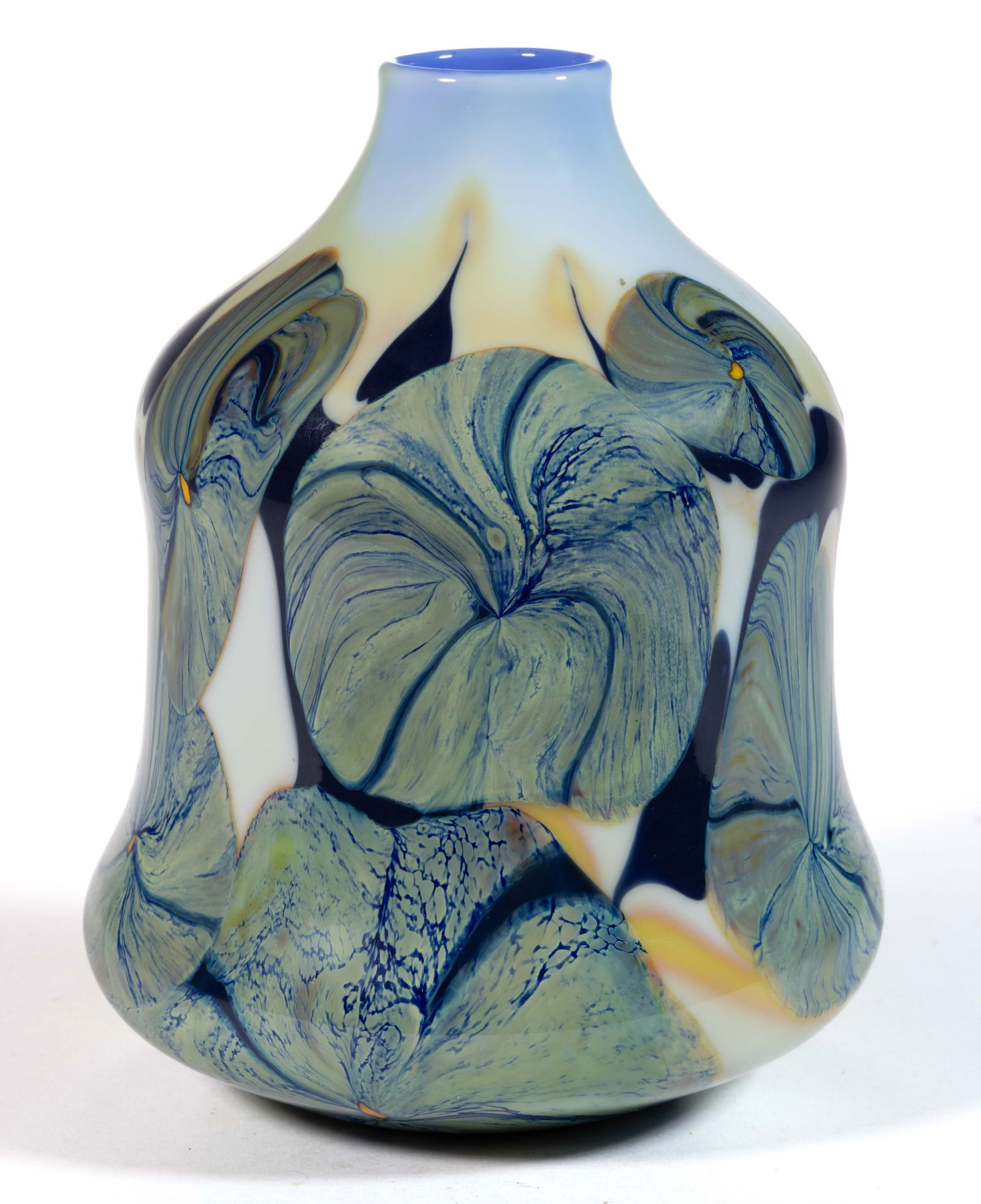 GEORGE THIEWES (AMERICAN, B. 1943) MARBLED FLOWERS STUDIO ART GLASS VASE: GEORGE THIEWES (AMERICAN, B. 1943) MARBLED FLOWERS STUDIO ART GLASS VASE, opaque white ground with a blue interior, slightly waisted form with a formed shoulder and tapered neck, scattered marbled blu