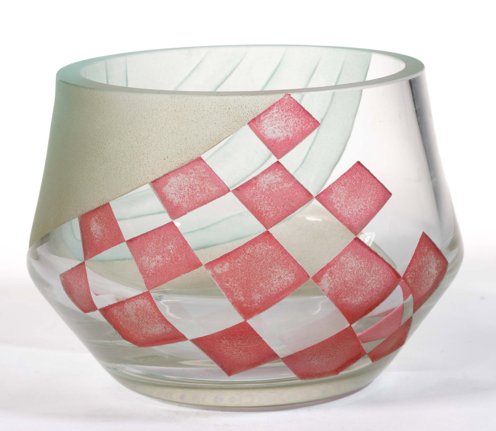 REBECCA ODOM (AMERICAN. XX/XXI) SAND CAST STUDIO ART GLASS VASE: REBECCA ODOM (AMERICAN. XX/XXI) SAND CAST STUDIO ART GLASS VASE, colorless, having checkerboard and chevron motif with checkers being red and chevrons being sea blue, factory-polished rim, signed to t