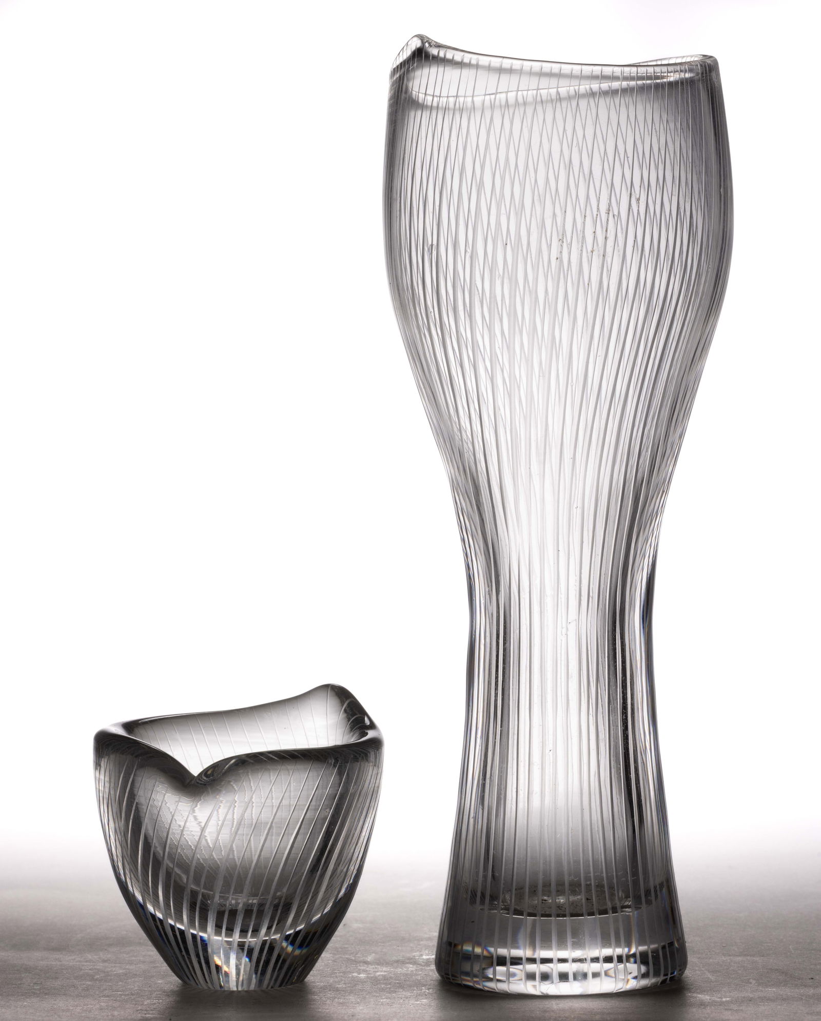 TAPIO WIRKKALS (FINNISH, 1915-1985) "ITTALIA" ENGRAVED STUDIO ART GLASS VASES, LOT OF TWO (1 of 3)