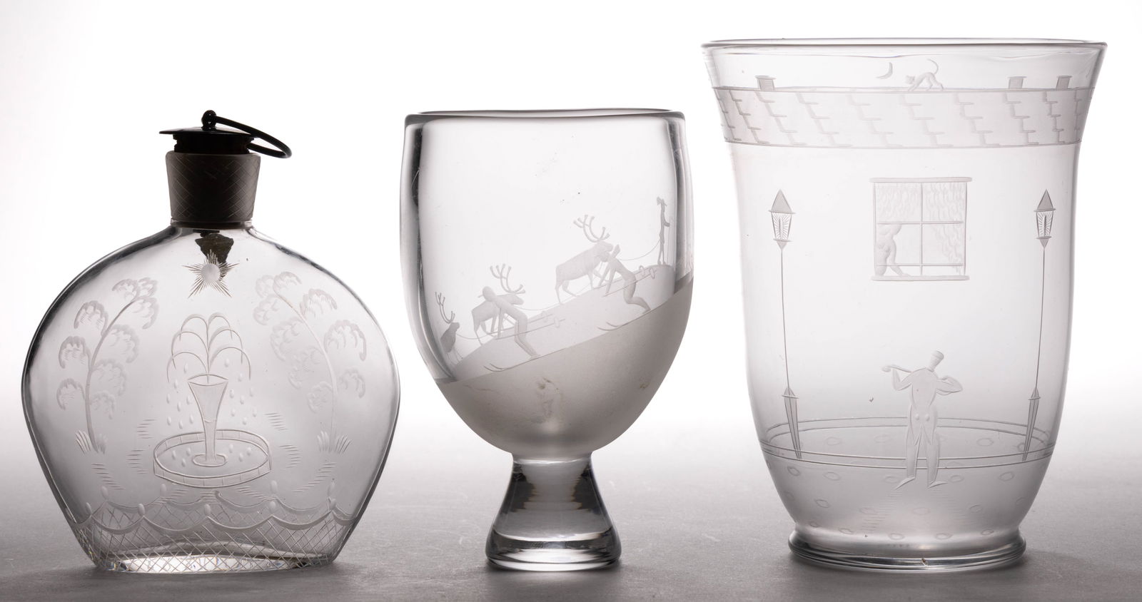 ORREFORS ENGRAVED ART GLASS ARTICLES, LOT OF THREE (1 of 7)