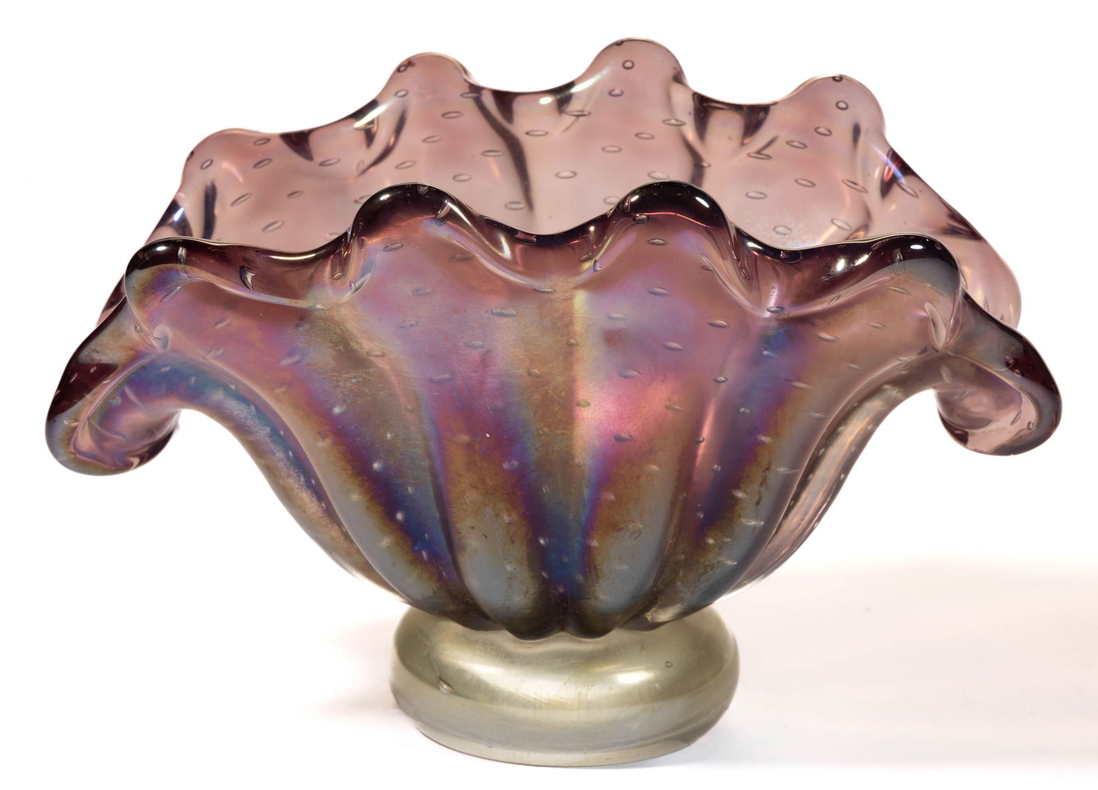 BAROVIER & TOSO ATTRIBUTED BULLICANTE CONTROLLED BUBBLE IRIDESCENT ART GLASS FOOTED BOWL (1 of 3)