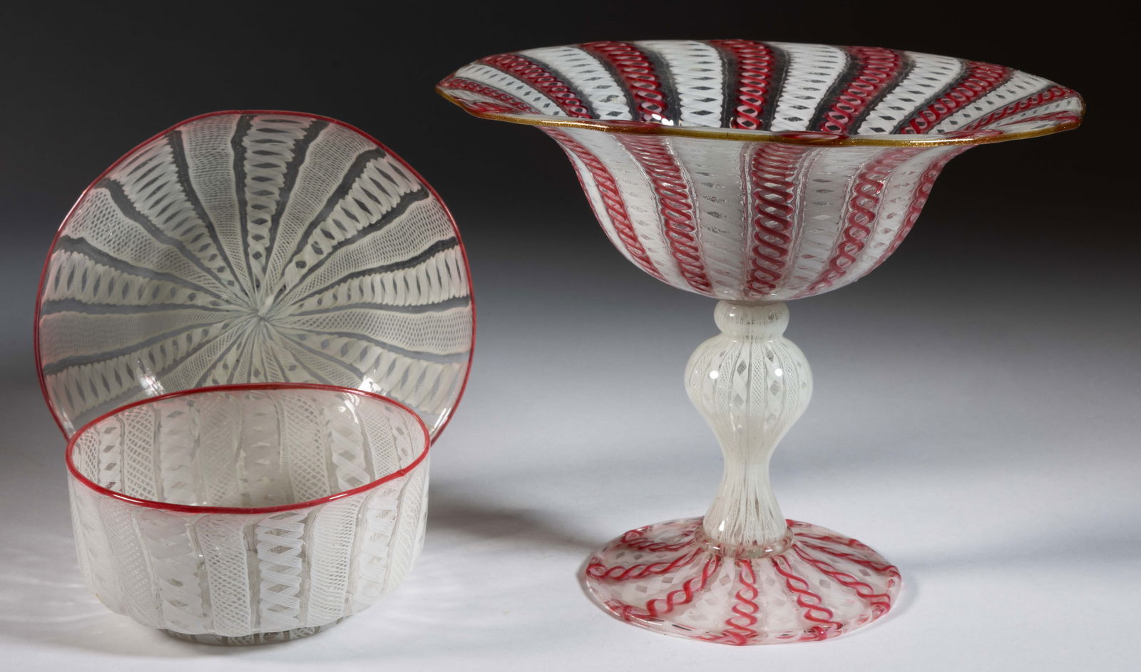 MURANO / VENETIAN LATTICINIO / RIBBON ART GLASS ARTICLES, LOT OF THREE (1 of 1)