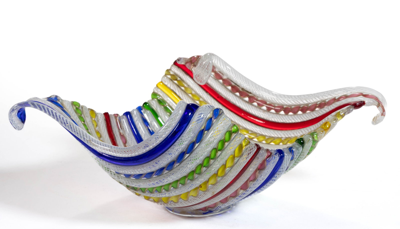MURANO FUSED RIBBON ART GLASS BOWL: MURANO FUSED RIBBON ART GLASS BOWL, colored ribbons in many colors with some having interior opaque twists, each separated by opal filigrana tubes, applied colorless foot, retains original manufacturi