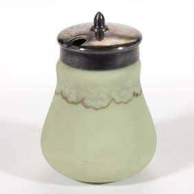 NEW ENGLAND GREEN DECORATED OPAQUE GLASS MUSTARD POT