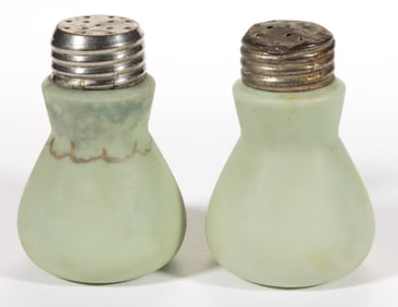 NEW ENGLAND GREEN DECORATED OPAQUE GLASS PAIR SALT AND PEPPER SHAKERS