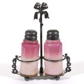 NEW ENGLAND PEACHBLOW ART GLASS PAIR OF SALT AND PEPPER SHAKERS IN STAND