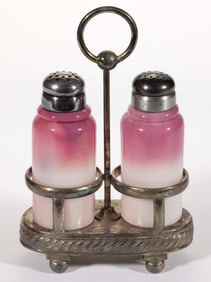 NEW ENGLAND PEACHBLOW ART GLASS PAIR OF SALT AND PEPPER SHAKERS IN STAND