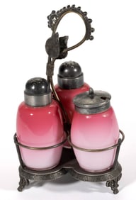 PHOENIX BLOWN PEACHBLOW / PEACHBLOOM GLASS THREE-BOTTLE CONDIMENT SET