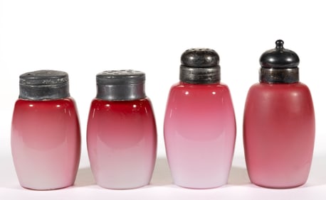 PHOENIX ATTRIBUTED PEACHBLOOM / PEACHBLOW ART GLASS SALT AND PEPPER SHAKERS, LOT OF FOUR