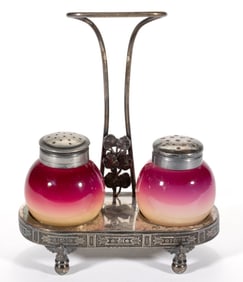 HOBBS CORAL / PEACH BLOW PAIR OF SALT AND PEPPER SHAKERS - LARGE