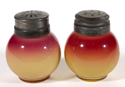 HOBBS CORAL / PEACH BLOW PAIR OF SALT AND PEPPER SHAKERS - LARGE