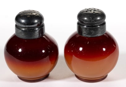 HOBBS CORAL / PEACH BLOW PAIR OF SALT AND PEPPER SHAKERS - SMALL