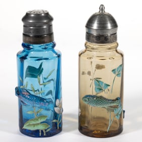MT. WASHINGTON FISH POND APPLIED DECORATED GLASS SALT AND PEPPER SHAKER