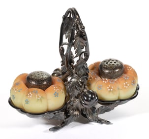 MT. WASHINGTON TOMATO BURMESE SALT AND PEPPER SHAKERS IN STAND