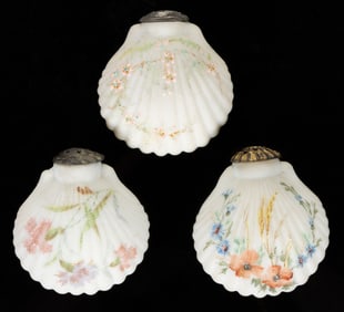 MT. WASHINGTON DECORATED OPAL COCKLESHELL ART GLASS SALT AND PEPPER SHAKERS, LOT OF THREE