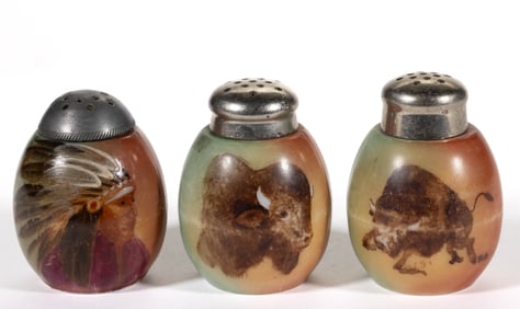 MT. WASHINGTON HANDEL DECORATED ART GLASS SALT AND PEPPER SHAKERS, LOT OF THREE